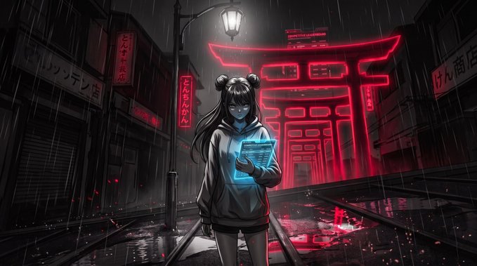 An anime-style illustration depicts a girl in a hoodie holding a glowing blue holographic screen, standing before a large glowing red torii gate in a rainy cyberpunk cityscape.