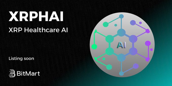 A promotional graphic announcing the upcoming listing of XRP Healthcare AI (XRPHAI) on BitMart, featuring the project's logo with a molecular-style "AI" design. The image highlights key text including "XRPHAI," "XRP Healthcare AI," "Listing soon," and the BitMart logo.