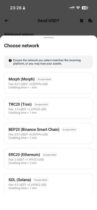 A mobile screenshot of a cryptocurrency withdrawal interface titled 'Send USDT' showing a 'Choose network' menu with options including Morph (Morph), TRC20 (Tron), BEP20 (Binance Smart Chain), ERC20 (Ethereum), and SOL (Solana), all marked as Suspended.