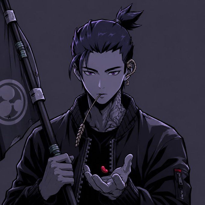A dark anime-style illustration of a man with a topknot, tattoos, and a fishing rod, holding a small red bean in his palm.
