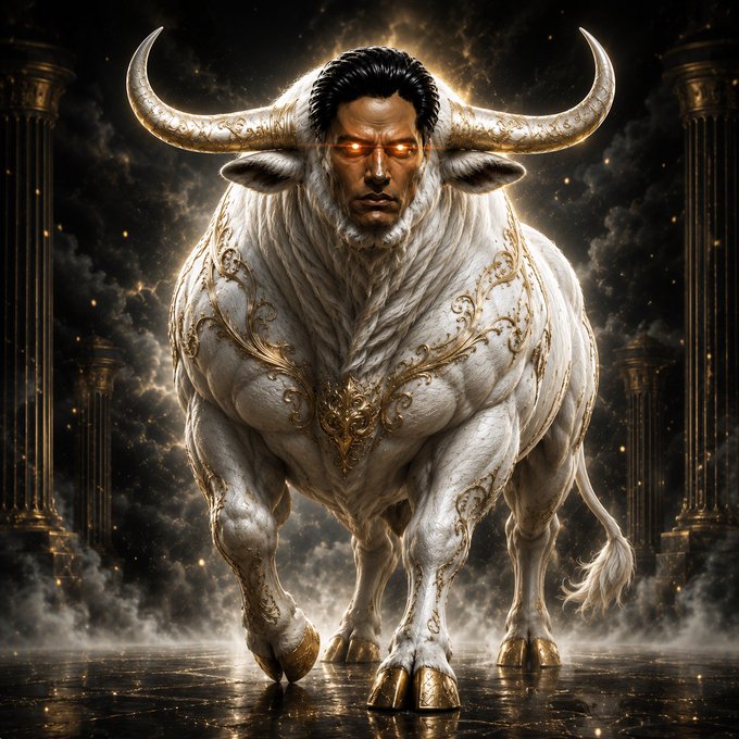 A muscular white bull with golden accents and a stern human face stands amid swirling smoke and ancient pillars, symbolizing strength and prosperity. The image reinforces the post's message about wealth transferring from a black bull to this radiant white bull, tied to the meme coin contract "9E2Q4KKxLS5Y4bu6RKvjg5wQ2kzaLkiVsMt7zwMZpump" and the rallying cry "#WhiteBullsMatter."