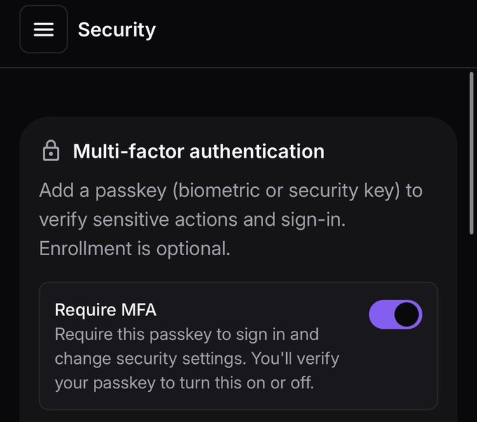 A security settings page displaying a 'Multi-factor authentication' section with an active 'Require MFA' toggle switch, indicating that a passkey is enabled for sign-in.