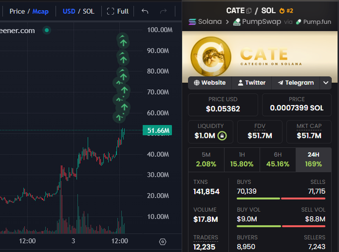 A DexScreener chart and trading dashboard showing $CATE (CATECOIN) on Solana via PumpSwap, with a market cap of $51.7M and price at $0.05362, up 169% in 24 hours with 141,854 transactions and $17.8M in volume—the price action visually corroborates the post's claim of whale accumulation driving the token's rapid climb.