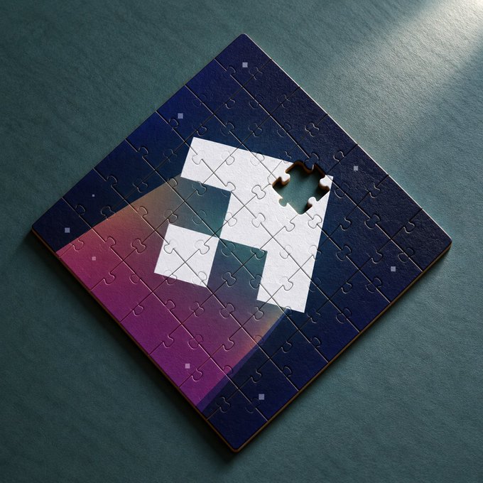 A completed jigsaw puzzle featuring the Solana logo, with one missing piece revealing the empty space underneath, visually echoing the post's "Something is missing @solana" message.