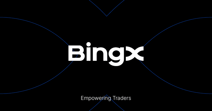 The image shows the BingX logo in white text with a stylized "x" against a black background featuring subtle blue curved design elements, along with the tagline "Empowering Traders" beneath it. This serves as the official branding for the cryptocurrency exchange featured in the accompanying analysis post about BingX's trustworthiness and credentials.