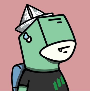 A cartoonish illustration of a green character wearing a black shirt and a paper hat, with a sweat drop on its face against a pink background.