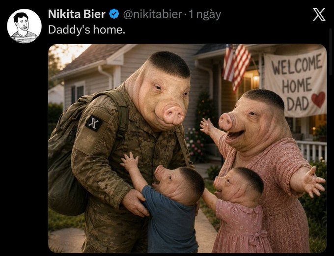 A tweet by Nikita Bier (@nikitabier) captioned "Daddy's home" featuring an AI-generated image of a soldier pig in uniform being greeted by a mother pig and pig children in front of a house with a "WELCOME HOME DAD" banner.