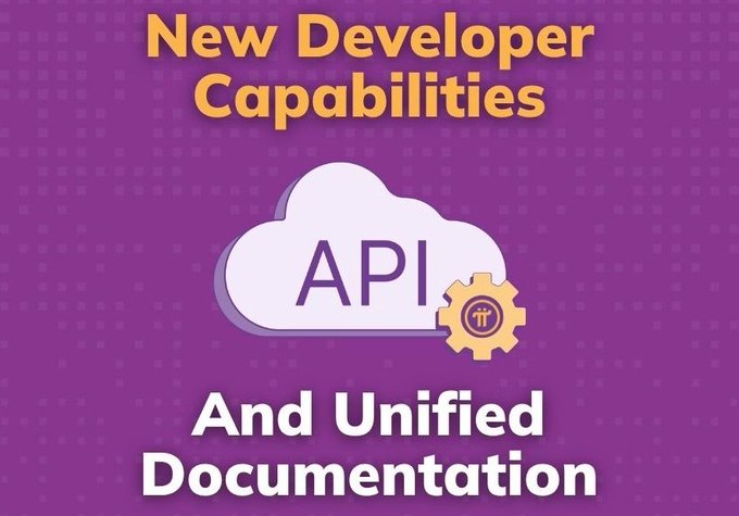 A purple promotional graphic with orange and white text reading "New Developer Capabilities" and "And Unified Documentation," featuring a cloud icon labeled "API" alongside a gear symbol.