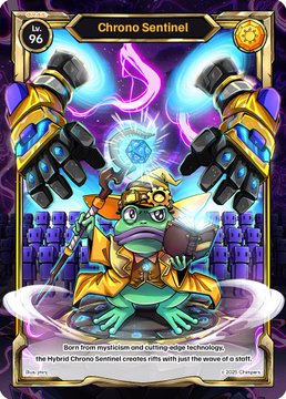An NFT digital card titled "Chrono Sentinel" (level 96) depicting a frog wizard with a staff, book, and robotic arms in a mystic purple setting, with text reading "Born from mysticism and cutting-edge technology, the Hybrid Chrono Sentinel creates rifts with just the wave of a staff" signed "2020 Genesis."