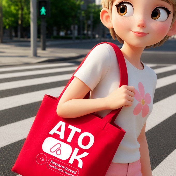 A 3D-animated style illustration of a young woman at a crosswalk holding a red tote bag with the logo "ATOK Reward-based Mobile Ads Platform".