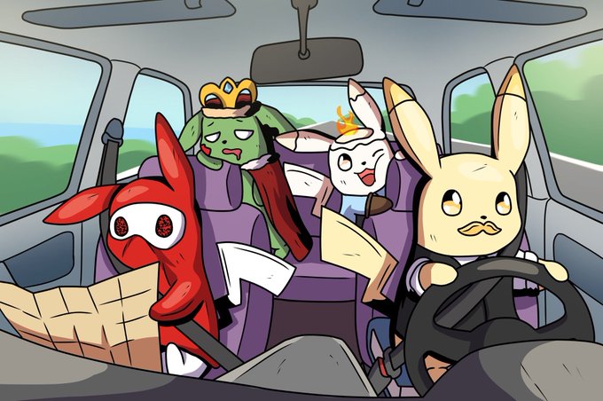 An illustration shows characters from The Amazing Digital Circus inside a car, with a yellow bunny-like character driving while others sit in the back seat.