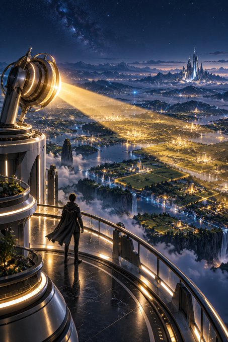 A cinematic science-fiction cityscape shows a cloaked figure on a high balcony beside a large spotlight, looking over a futuristic illuminated landscape beneath a starry sky.