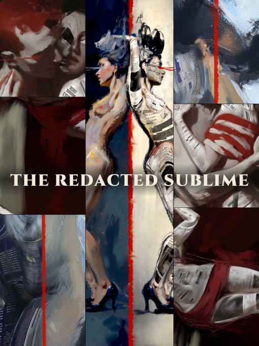 An artistic collage of painted figures features the bold white text 'THE REDACTED SUBLIME' across the center.