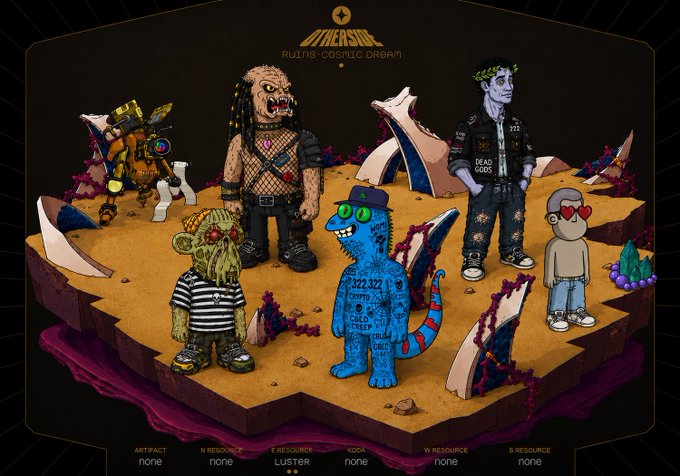 An NFT collection artwork titled 'RUINS COSMIC DREAM' featuring six stylized cartoon characters including monsters, a Frankenstein-like figure, and a blue creature, displayed on a floating island with stats showing 0 ARTIFACT, 0 N RESOURCE, 0 E RESOURCE, LUSTER code, 0 NODE, 0 W RESOURCE, 0 S RESOURCE.