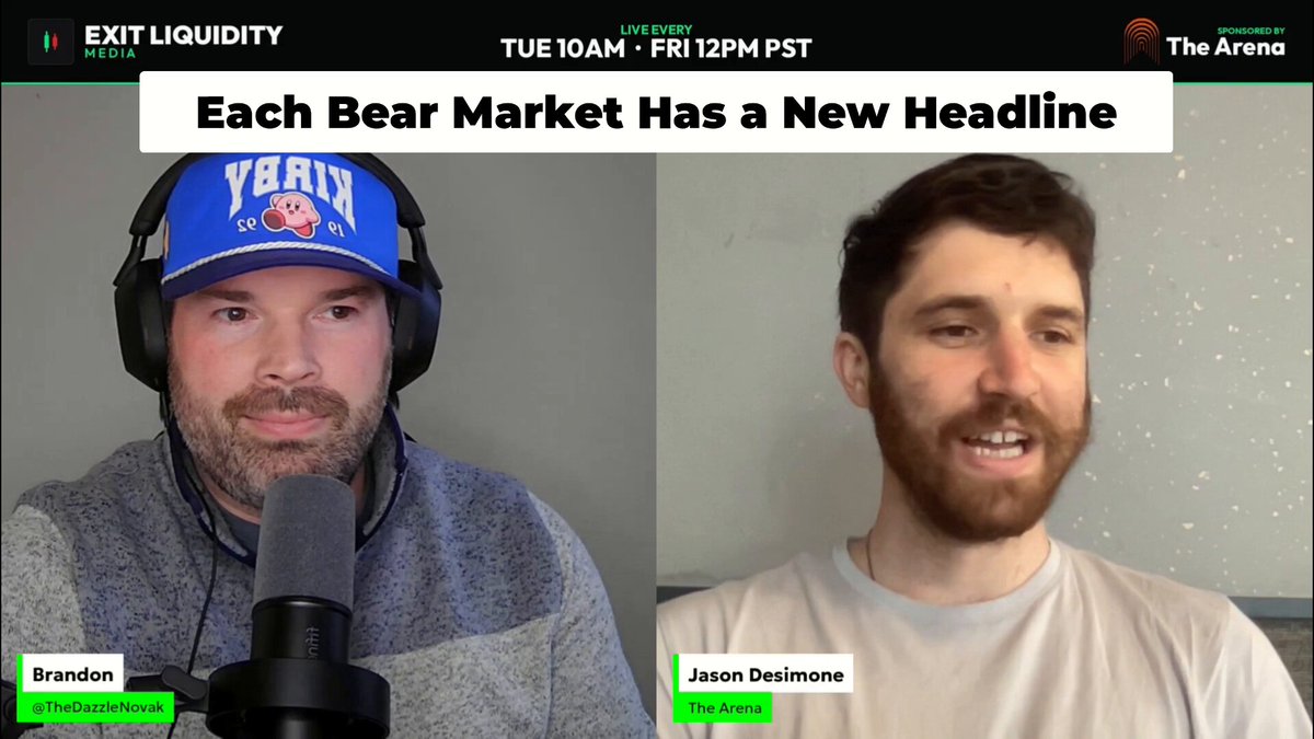 The image shows two men wearing headphones and microphones, likely participating in an interview or podcast recording session. The background of the image features a gray wall with white text that reads "Each Bear Market has a new headline". This suggests that the conversation between the hosts might be related to recent events involving Bitcoin or cryptocurrency markets.