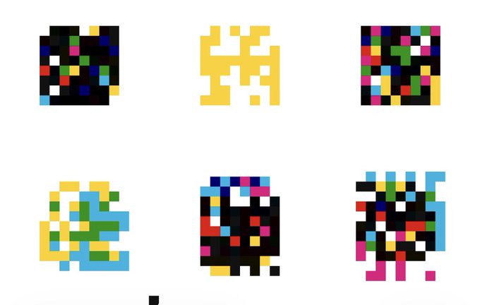 A grid of six pixel art images on a white background, including multicolored abstract patterns, a yellow crown-like figure, and various blocky designs.