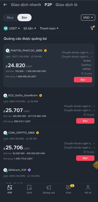 A screenshot of a Vietnamese P2P cryptocurrency trading app showing multiple USDT buy/sell listings from sellers like PHATTAL_PHATLOC_6886 (24.820 USDT), SCD_GiaTot_GiaoNhanh (25.707 USDT), and COIN_CRYPTO_6868 (25.706 USDT), with noticeable price discrepancies between sellers that the poster warns could indicate scam advertisements to avoid.