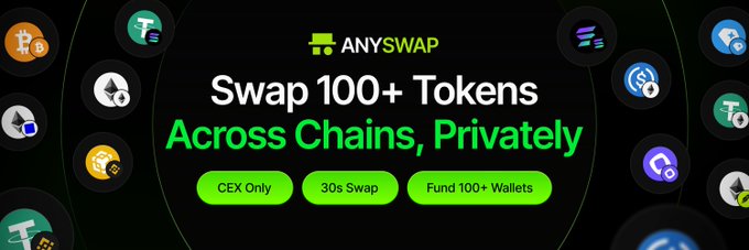A promotional banner for Anyswap featuring the text "Swap 100+ Tokens Across Chains, Privately" alongside feature highlights like "CEX Only," "30s Swap," and "Fund 100+ Wallets," surrounded by various cryptocurrency token logos. The image reinforces the post's humorous complaint about Anyswap's "worst review" by visually showcasing the platform's speed and token variety—suggesting that being faster than expected is indeed their biggest criticism.