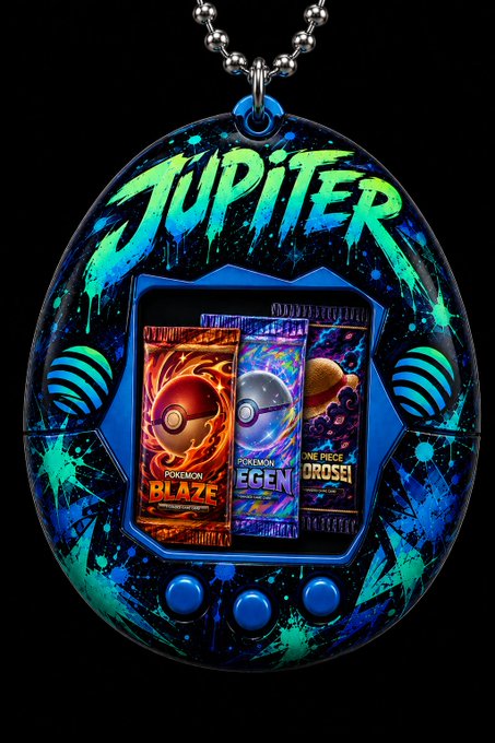 A black and blue Tamagotchi-style keychain labeled 'JUPITER' featuring miniature Pokémon and One Piece trading cards displayed inside.