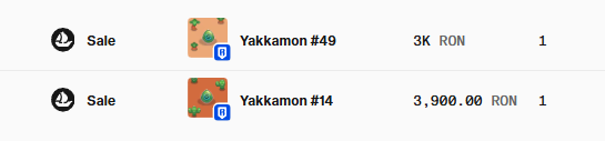 A transaction record showing two sales: Yakkamon #49 for 3K RON and Yakkamon #14 for 3,900.00 RON.