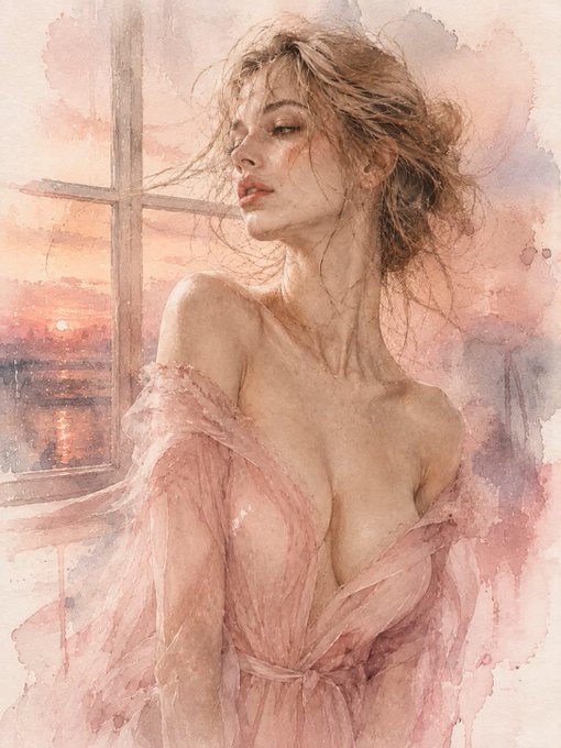 A watercolor painting of a woman in a flowing pink dress stands by a window at sunset, capturing a soft, romantic mood that mirrors the festive and vibrant energy of the "Tezos Party" celebration announcement.