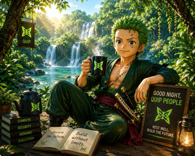 An anime-style green-haired samurai reminiscent of Zoro from One Piece relaxes in a lush jungle by a waterfall, sipping from a "QUIP"-branded mug while surrounded by books labeled "Compute, Security, Demand, Execution" and a chalkboard reading "Good night, Quip people — Rest well, build the future," with an open book quoting "Secure the future. Build without limits." The image ties to the post by personifying the author's bullishness on Quip Network—portraying the project as a trustworthy, warrior-like guardian securing the quantum future while they unwind watching FIFA.