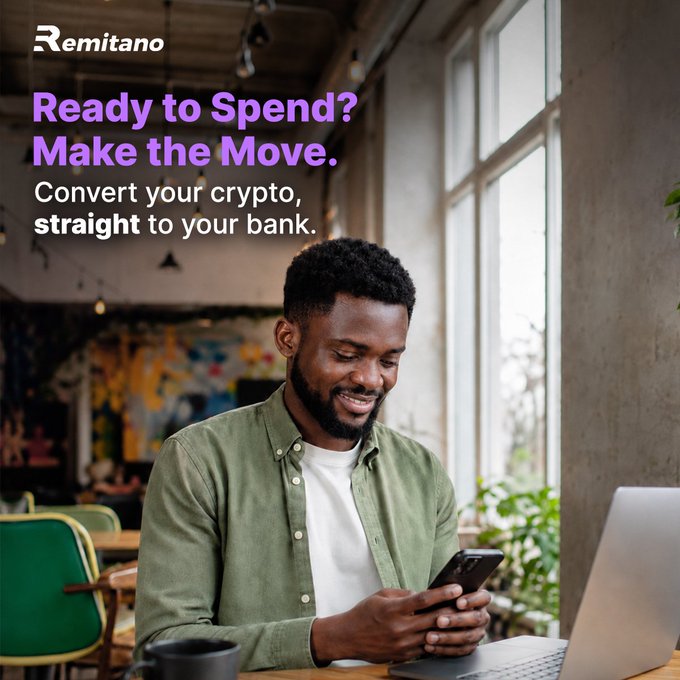 An advertisement for 'Remitano' featuring a smiling man on his phone with the text 'Ready to Spend? Make the Move. Convert your crypto, straight to your bank.'