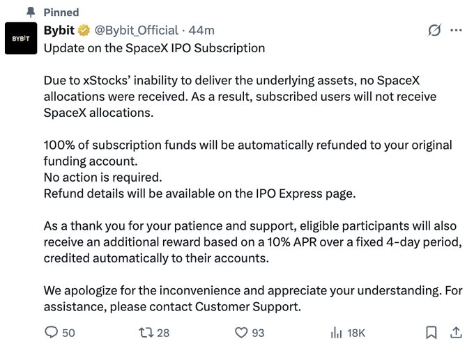 The image shows a screenshot of an email from a person named Bybit, who has updated their Twitter account with information about a new update related to cryptocurrency exchange. The main focus of this update is on the "SPCX" or SpaceCoin token that was recently sent after investors were unable to receive their allocated shares due to a software issue byxStocks. The email provides details about the situation, stating that 100% of the subscription funds will be automatic refunded if an user sends in their original allocation. It also mentions that users must not receive any allocation, as it has been automated and will be returned on the IPO page. The post includes a screenshot with some text to demonstrate the process.