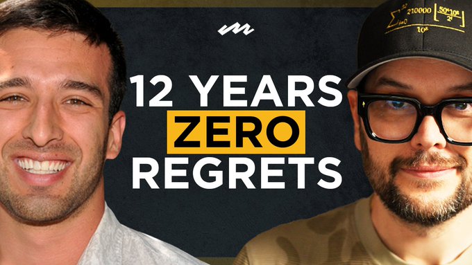 Two men smile on either side of bold text reading "12 YEARS, ZERO REGRETS" against a dark background—a YouTube thumbnail style graphic that visually reinforces the post's message about a 12-year Bitcoin holder reflecting on three full market cycles.

Key text visible: "12 YEARS ZERO REGRETS"
