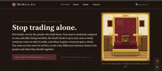 A website screenshot for 'The Mutual Fund' displays the tagline 'Stop trading alone.' alongside an illustration of a throne with a briefcase, referencing 'THE FINAL YEAR OF THE CHAIN 2026'.