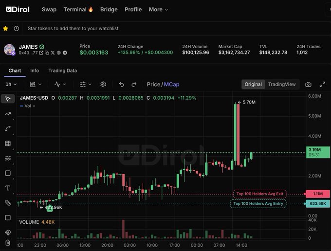 A Dirol DEX screenshot showing the JAMES token trading chart with a price of $0.003163, +135.96% 24H change, $100,125.96 volume, and $3,162,734.27 market cap, displaying candlestick patterns and 'Top 100 Holders Avg Entry/Exit' lines.