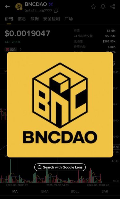 A cryptocurrency listing page displays the BNCDAO token priced at $0.0019047, showing a 43.76% increase, with a yellow logo featuring 'BNC' inside a cube and the text 'BNCDAO'.
