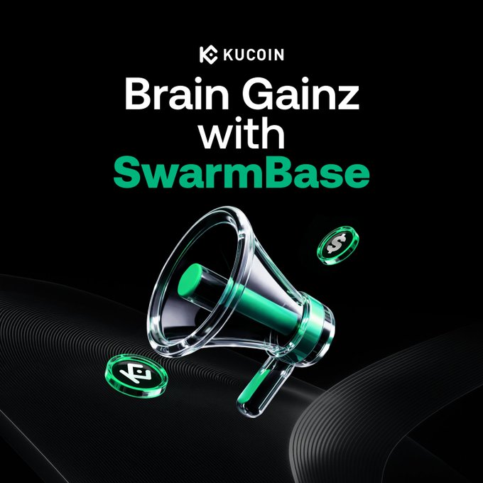 KuCoin promotional graphic featuring a 3D megaphone with floating coins reading "Brain Gainz with SwarmBase," advertising a live community quiz event on SWARM set for August 28, 2026 at 10:00 AM (UTC) in the KuCoin Exchange Telegram group.
