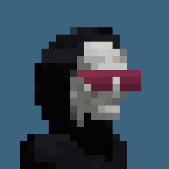 Pixel art of a hooded figure resembling a grim reaper with a skull face and glowing red eyes set against a dark blue background.
