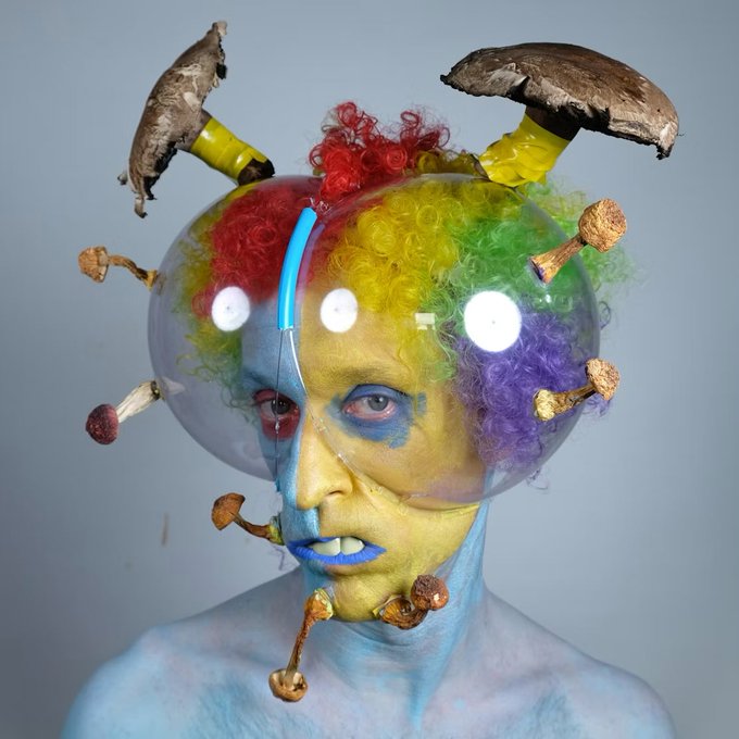 A person with vibrant multicolored rainbow afro hair and a transparent dome helmet has mushrooms protruding from various points on their head, including two large brown mushrooms on top, all set against their blue and yellow painted skin. The image illustrates the "Shroom Space Out Man" endangered species-themed NFT artwork being offered on SuperRare, fitting the surreal, nature-meets-futurism aesthetic described in the post.