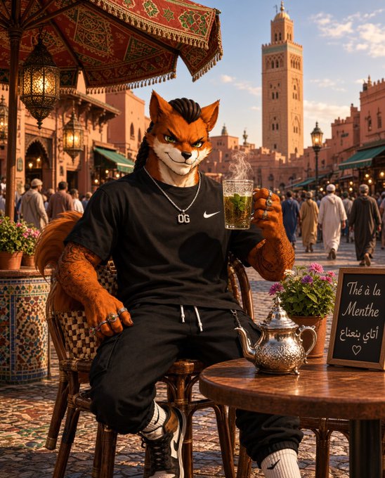 An anthropomorphic orange cat-like humanoid wearing black streetwear sits at a Moroccan-style cafe table holding a glass of mint tea, with a teapot and a chalkboard sign reading 'Thé à la Menthe' (آتي بالنعناع) beside him.
