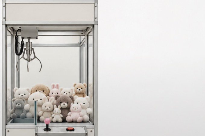 A claw machine filled with various stuffed animals, including bears and bunnies, with a control panel featuring a joystick and red button.