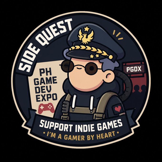 Circular badge logo for 'SIDE QUEST' featuring a cartoon soldier character with glasses and a cap, promoting the PH GAME DEV EXPO and 'SUPPORT INDIE GAMES - I'M A GAMER BY HEART'.