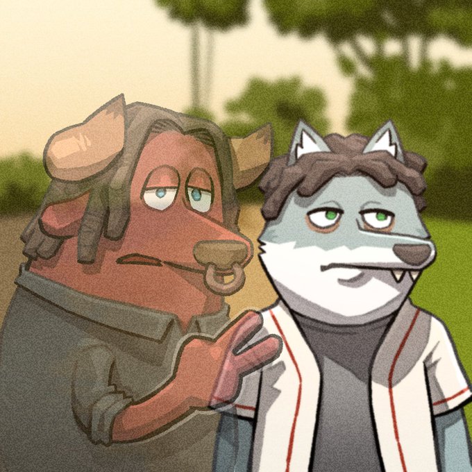 A digital illustration of two anthropomorphic characters, a brown bull with dreadlocks and nose ring, and a gray wolf with green eyes wearing a baseball jacket, standing outdoors.