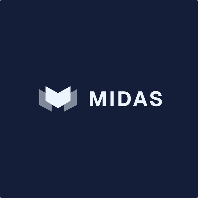 The image shows the MIDAS logo—featuring a stylized "M" emblem alongside the brand name in white on a dark navy background—which serves as the official branding for the user's new role as Onchain Operations Manager at the tokenized-asset platform.