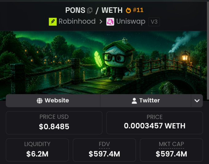 A cryptocurrency trading interface for the token 'PONS' paired with 'WETH', showing availability on Robinhood and Uniswap V3, alongside pricing details including 'PRICE USD $0.8485', 'PRICE 0.0003457 WETH', 'LIQUIDITY $6.2M', and 'FDV $597.4M' beneath an illustration of a character on a bridge at night.