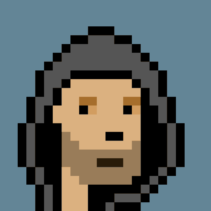 A pixel art portrait depicts a person with dark skin, black hair, and a beard set against a solid blue background.