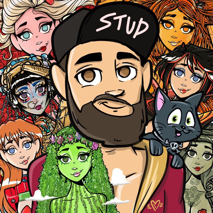 A cartoon-style illustration features a bearded man in a black cap labeled 'STUP' surrounded by various colorful female characters and a black cat.