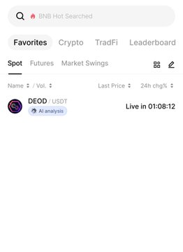 A BingX mobile app screenshot showing a "BNB Hot Searched" search result for the DEOD/USDT trading pair, which is set to go live in 01:08:12. The image visually reinforces the post's announcement about the imminent BingX listing of the $DEOD token, displaying the countdown timer referenced in the message.