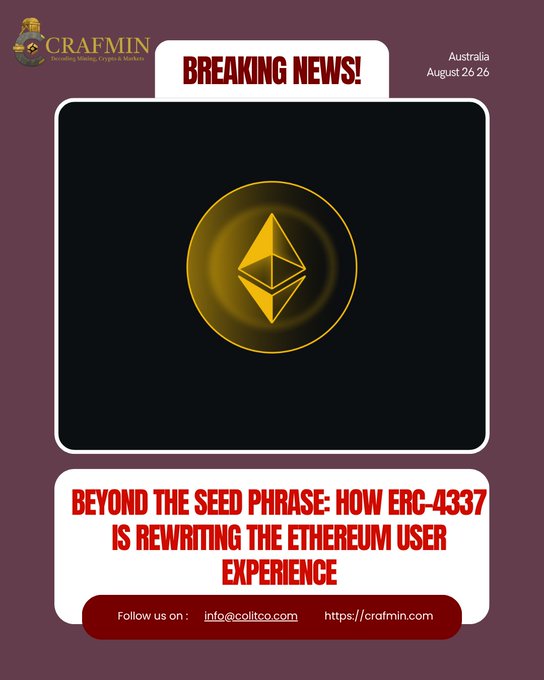 A breaking news graphic from Crafmin dated August 26, Australia, featuring the Ethereum logo and the headline 'BEYOND THE SEED PHRASE: HOW ERC-4337 IS REWRITING THE ETHEREUM USER EXPERIENCE' with contact info info@coitco.com.