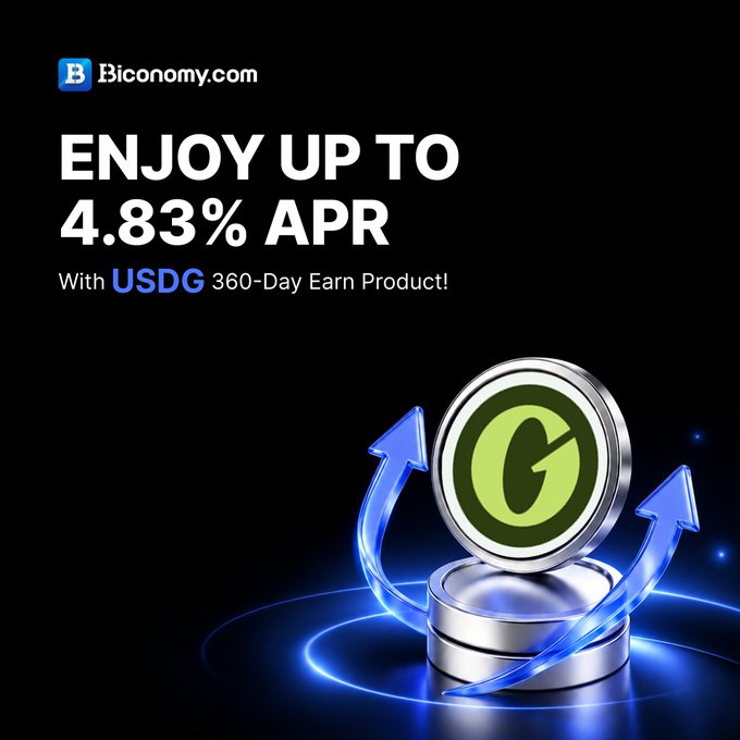 An advertisement for Biconomy.com promotes a "USDG 360-Day Earn Product" with up to "4.83% APR" next to a graphic of a coin with the letter "G".