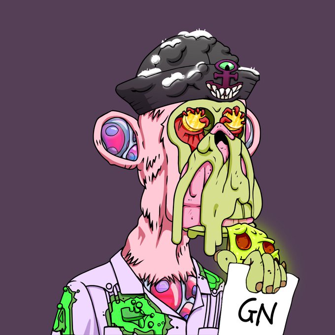 A grotesque cartoon illustration of a pink-skinned character wearing a pirate hat with an anchor symbol, whose face is melting with green ooze, fiery eyes, and exposed teeth, holding a paper that says 'GN'.