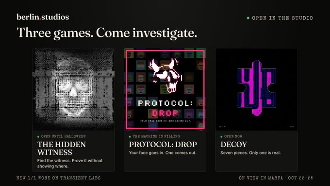 A black promotional page from “berlin.studios” reads “Three games. Come investigate” and presents cards titled “THE HIDDEN WITNESS,” “PROTOCOL: DROP,” and “DECOY.”