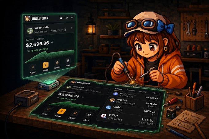 Anime-style artwork depicting a character soldering electronics, displaying a 'WALLETCHAN' crypto portfolio interface showing a balance of $2,696.86.