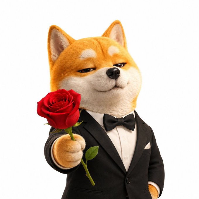 The image features a Shiba Inu dog dressed up as a man, wearing a suit and holding a red rose. The dog appears to be smiling and posing for the camera. The caption of the image reads "I choose dogecoin." This suggests that the person who created this image might have an interest in or affinity for dogecoins, which are digital coins that can be earned through various activities on social media platforms like Twitter, Instagram, or YouTube.